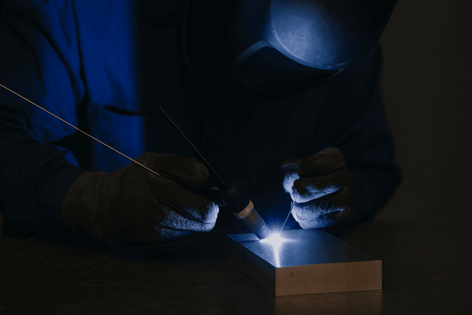 Welder working on a fabricated frame